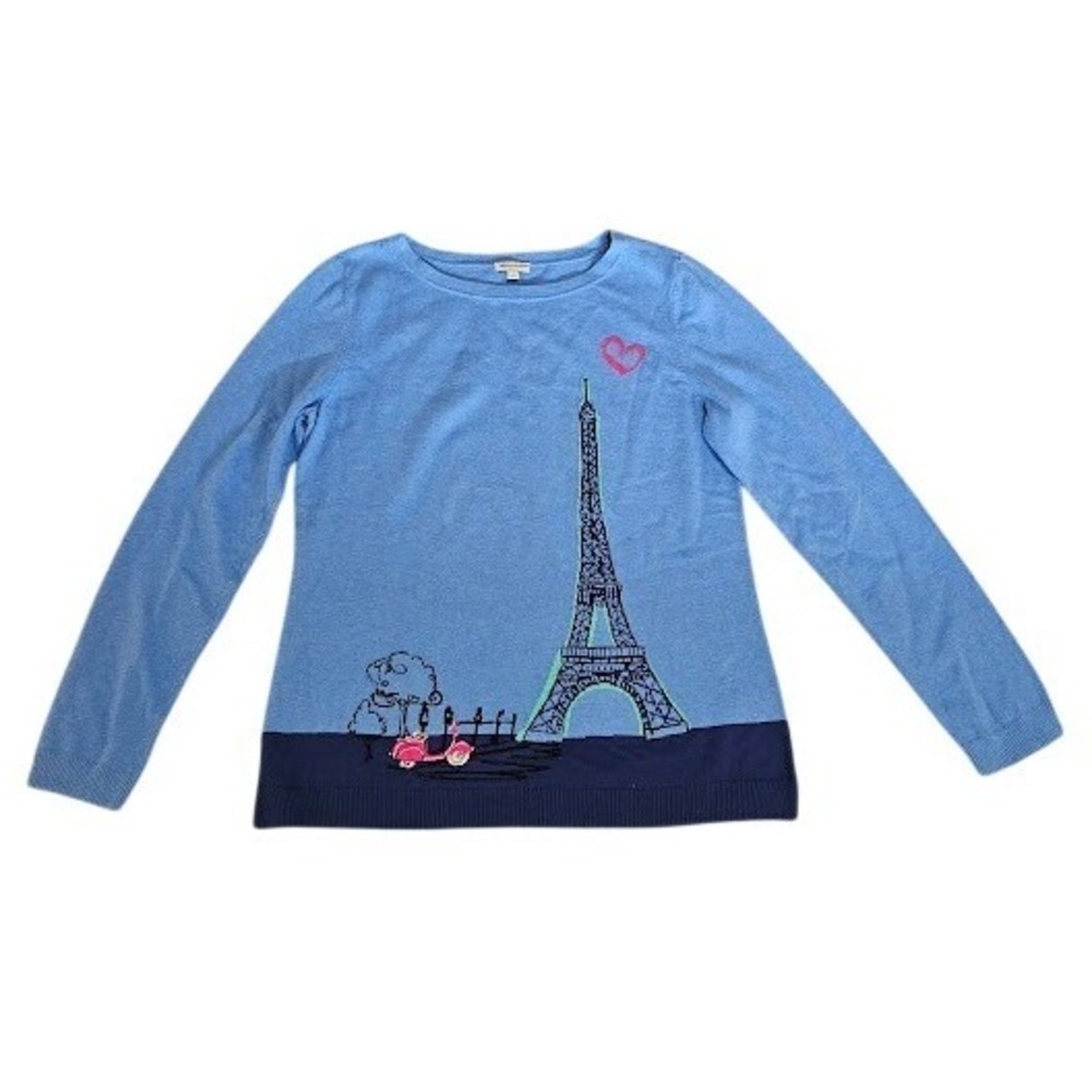 Talbots Paris Eiffel Tower Pullover Sweater Women Small Blue France 100% Cotton